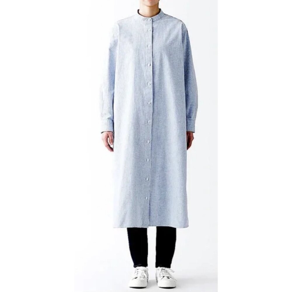 Muji Striped 100% Linen Long Shirt Dress Tunic Women M-L Blue Nautical Lagenlook